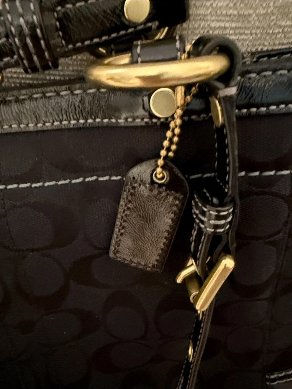 Coach Black Signature Jacquard Satchel with Patent Trim and Gold Hardware
